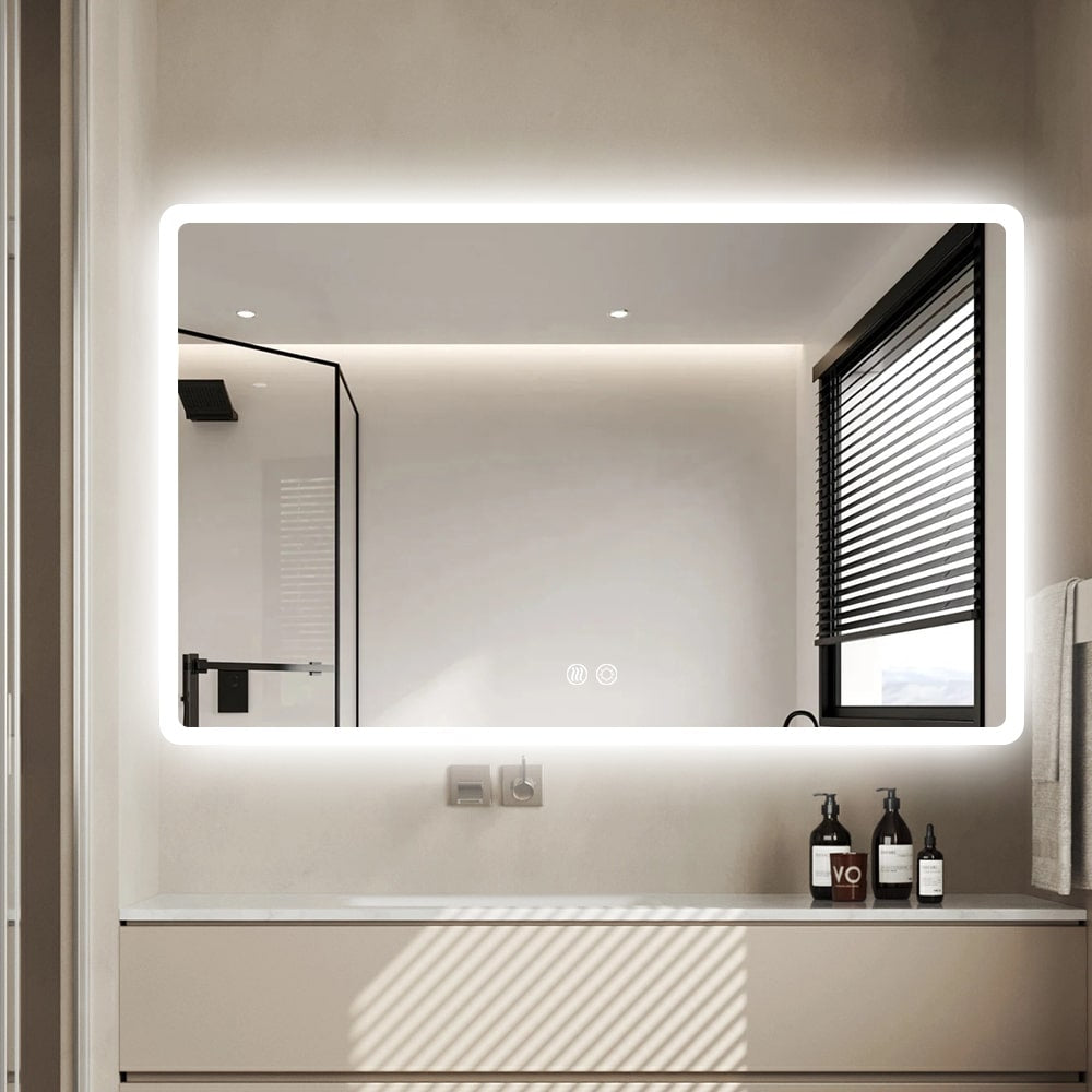 Rectangular LED Mirror Frameless Frosted Wall Mounted Bathroom Defogger Dimmable Touch Sensor