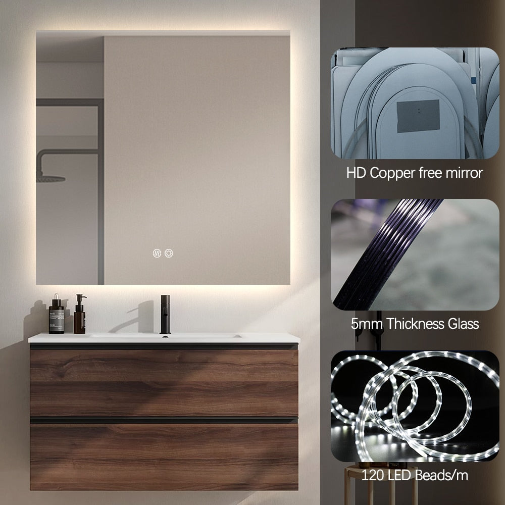 Square LED Bathroom Mirror 60cm x 60cm Frameless Backlit Straight Corner Dimmable