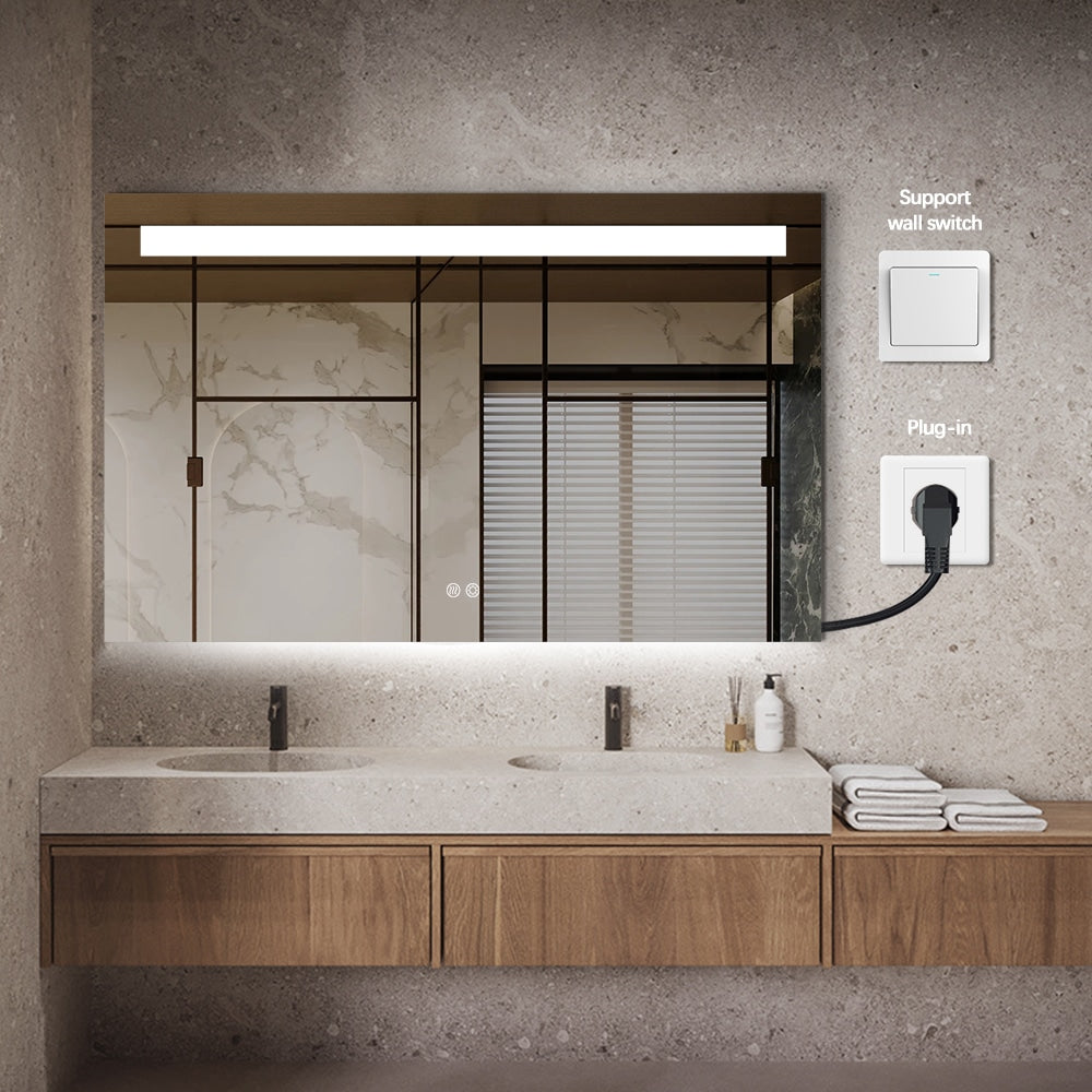 Rectangular LED Bathroom Mirror Frameless Frosted Frontlit Top Strip