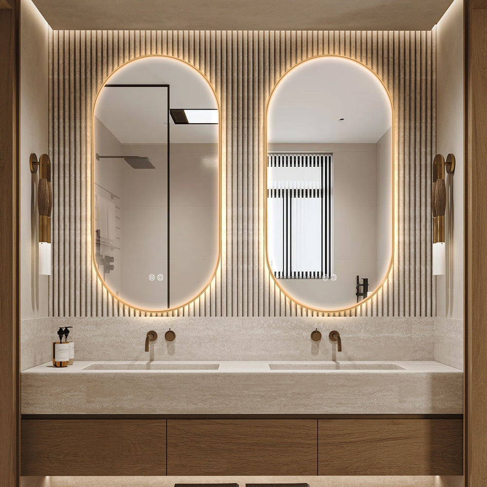 Oval LED Bathroom Mirror 50cm x 100cm Frontlit Gold Frame Defogger Dimmable