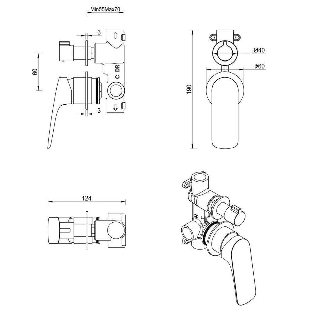 Kaza Shower Mixer Diverter - 2P - TRIM KIT ONLY