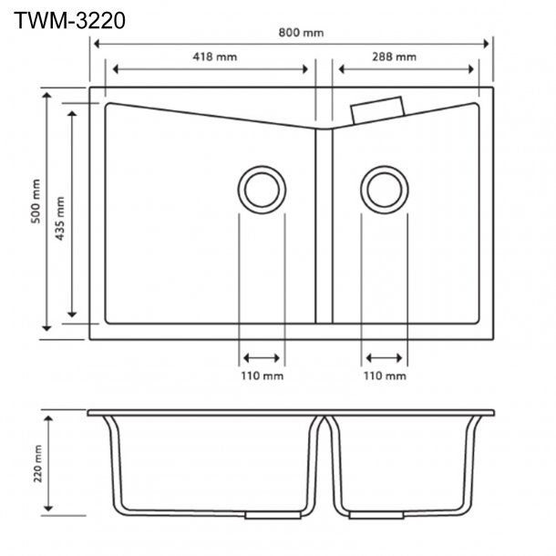 800 x 500 x 220mm Carysil CGDB3220 Double Bowl Granite Kitchen Sink Top/Flush Mount